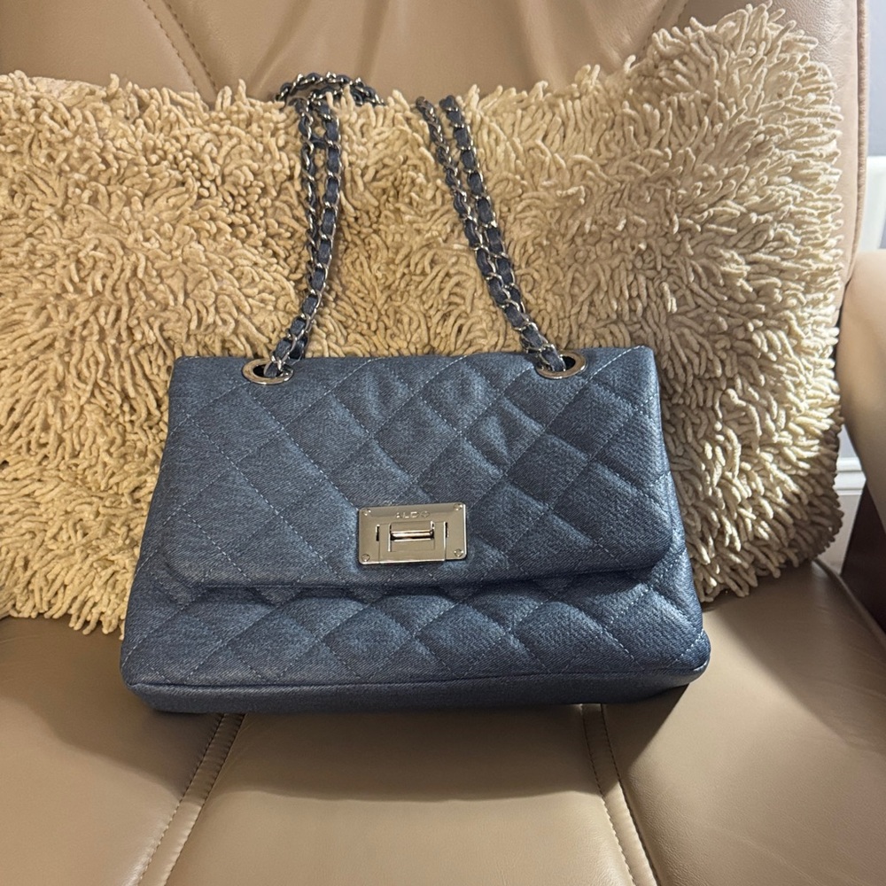 Aldo Blue Chambray Quilted Chain Shoulder Bag